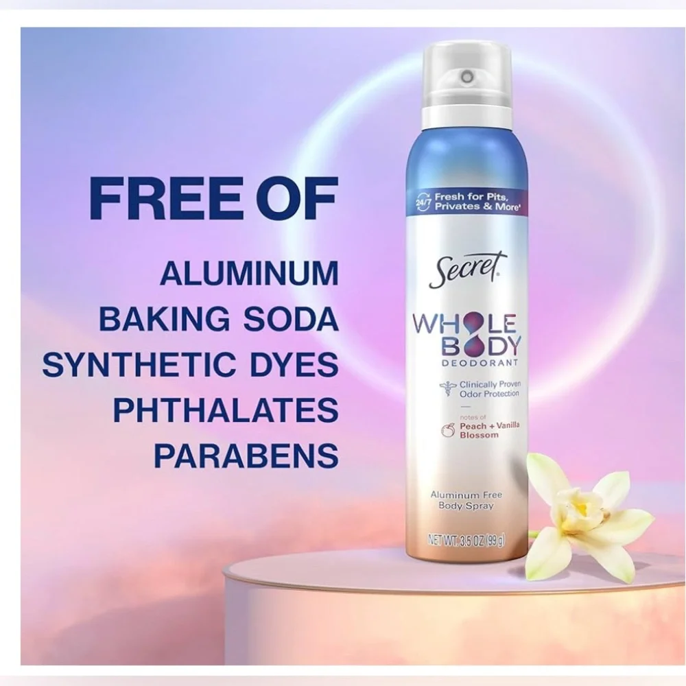 Secret Whole Body Deodorant Spray in Peach and Vanilla Blossom| 3.5 oz